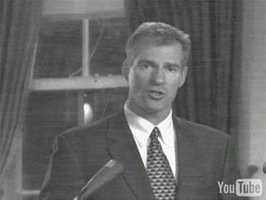 A still from the campaign ad in which video of John F. Kennedy dissolves into video of Scott Brown.