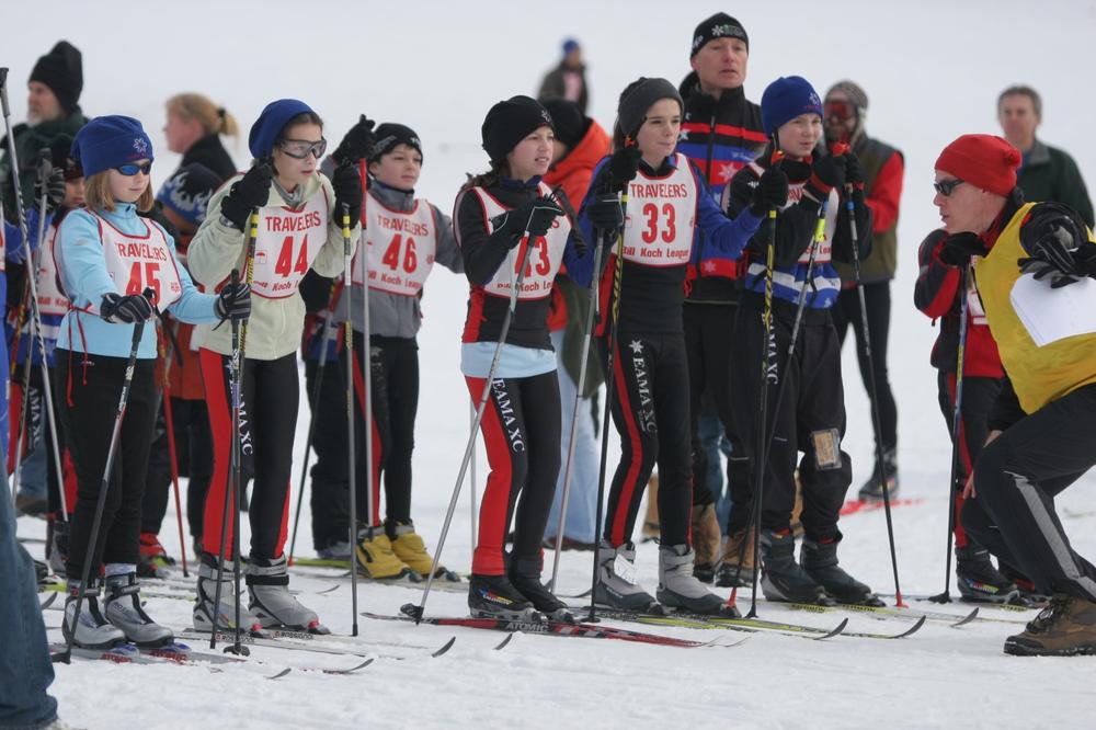 Members of the Eastern Massachusetts Chapter of the Bill Koch Ski League gather to race at the Weston Ski Center on a recent sunny Sunday. (Jeffrey Nottonson)