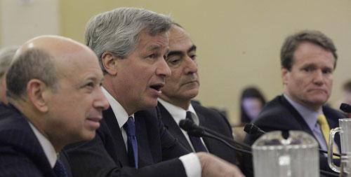 Goldman Sachs Chairman and CEO Lloyd Blankfein; JPMorgan Chase Chairman and CEO James Dimon; Morgan Stanley Chairman John Mack; and Bank of America President and CEO Brian T. Moynihan, testify on Capitol Hill on Wednesday, Jan. 13, 2010. (AP)