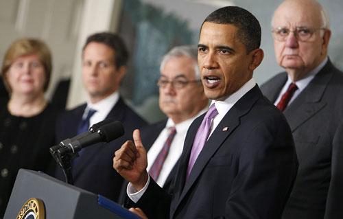 President Barack Obama speaks about financial reform at the White House on Thursday, Jan. 21, 2010. From left: Council of Economic Advisers Chair Christina Romer, Treasury Secretary Timothy Geithner, House Financial Services Committee Chairman Rep. Barney Frank, D-Mass., the president, and Economic Recovery Advisory Board chair Paul Volcker. (AP)