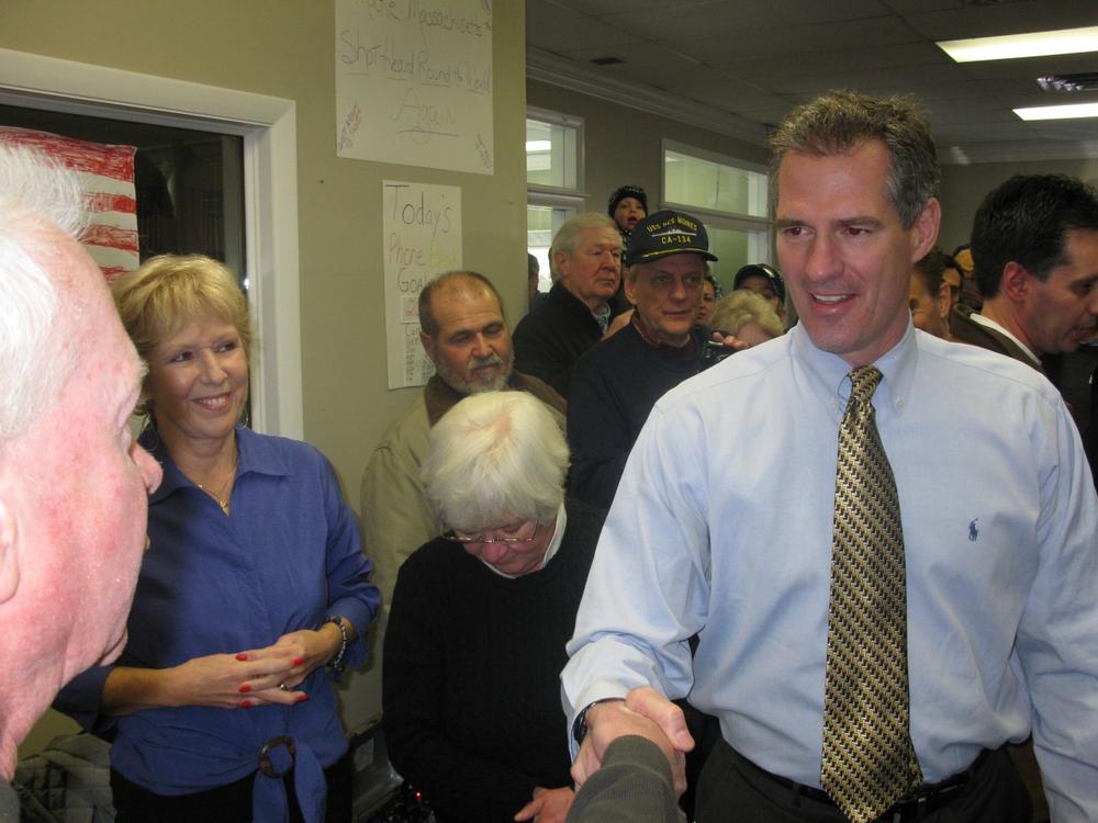 State Sen. Scott Brown greets volunteers at his Plymouth campaign office (Fred Thys)
