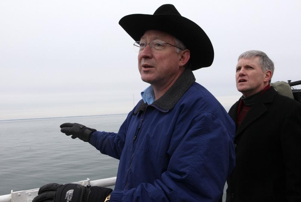 Secretary of the Interior Ken Salazar and Deputy Secretary of the Interior David Hayes, right, take in the view while on an information gathering tour of Nantucket Sound regarding the viability of Cape Wind on Tuesday. (AP)
