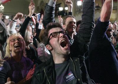 Jacob Porter, front, of Bucks County, Penn., and other supporters of Scott Brown, react to Brown&#39;s U.S. Senate special general election victory in Boston on Jan. 19. (AP)