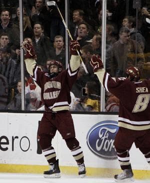 Boston College&#39;s Chris Kreider celebrates his goal with teammate Edwin Shea (8) during the second period against Boston University in the championship game of the 58th Beanpot college hockey tournament in Boston. (Winslow Townson/AP)
