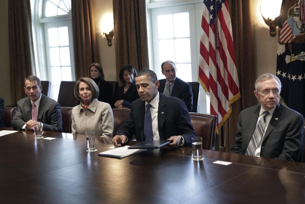 President Obama meeting with (from left) House Minority Leader John Boehner of Ohio; House Speaker Nancy Pelosi of Calf.; and Senate Majority Leader Harry Reid of Nev Tuesday, Feb. 9, in the White House. (AP)