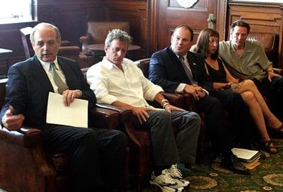 Former Mass. House Speaker Salvatore DiMasi, left, speaks during a meeting about legislation to provide tax incentives to the motion picture industry, with film producer G. Mac Brown; Rep. Thomas O&#39;Brien of Kingston, Marianne Cooper and her husband, actor Chris Cooper, in July 2005 at the State House in Boston. (AP)