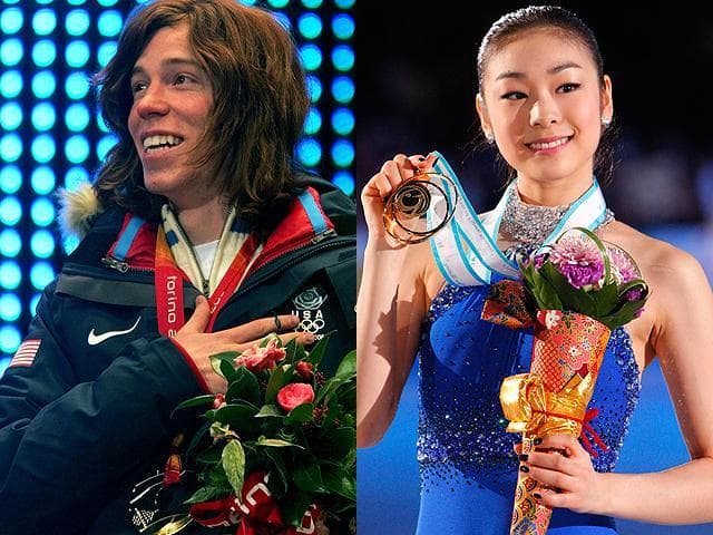 At left, U.S. snowboarder Shaun White celebrates his gold medal for the men&#39;s half-pipe event at the 2006 Winter Olympics in Turin, Italy on Feb. 12, 2006. At right, South Korea&#39;s Kim Yu-Na poses with the gold medal she won in the ladie&#39;s free skating event at the ISU Grand Prix in Tokyo, Japan on Dec. 5, 2009. (AP)