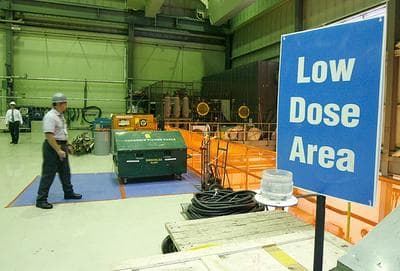 A warning sign is seen at the Vermont Yankee nuclear power plant in Vernon, Vt., in June 2009.  The recent discovery of radioactive tritium at the plant means that more than one-fourth of all reactors in the U.S. have tritium leaks. (AP)