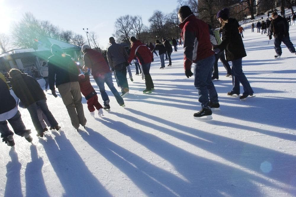 A crowd of skaters makes their way around the Boston Common Frog Pond, Saturday, Feb. 17, 2007 in Boston. (AP)
