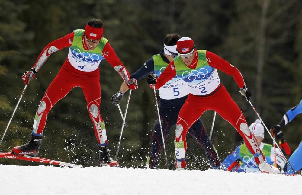 United States' silver medal winner Johnny Spillane, from left, France's gold medal winner Jason Lamy Chappuis and United States' Todd Lodwick ski during the Cross Country portion of the Nordic Combined Individual normal hill event at the Vancouver 2010 Olympics on Sunday Sunday. (AP Photo/Matthias Schrader)