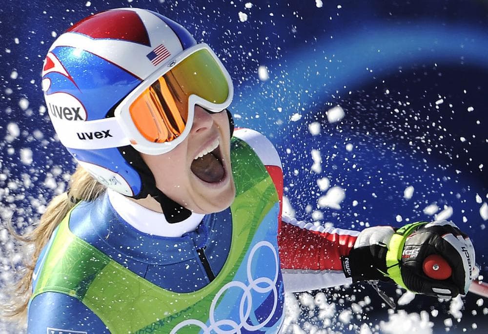 Lindsey Vonn of the United States reacts after completing the women's downhill at the Vancouver 2010 Olympics on Wednesday.   (AP)