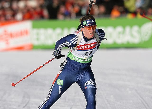 U.S. biathlete Lanny Barnes competes at a January event in Italy.  The team&#39;s most veteran female skier came in 23rd in Thursday&#39;s 15-kilometer Olympic event. (Courtesy Jerry Kokesh, USA Biathlon)