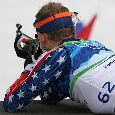 U.S. biathlete Lowell Bailey takes aim during the 2010 Winter Olympics in Vancouver.  (Courtesy Jerry Kokesh, USA Biathlon)