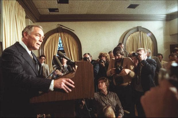 Then-Secretary of State Alexander Haig tells reporters: “I am in control” of the White House following the assassination attempt on President Ronald Regan in March 1981. Haig was reminded that there are several people ahead of the secretary of state in presidential succession. (Courtesy of Ronald Reagan Presidential Library)