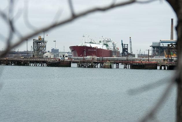 The Yemeni tanker is moored a few hundred yards away from a waterfront park in Everett. (Andrew Phelps/WBUR)