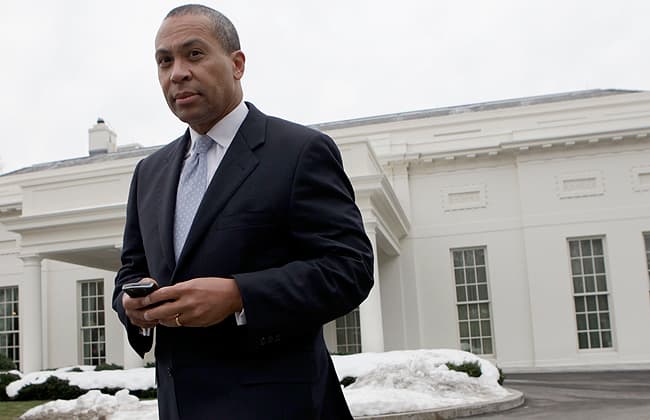 Gov. Deval Patrick walks outside the White House on Monday after attending a National Governors Association meeting with President Obama. (AP)