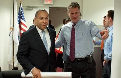 Sen. Scott Brown, right, gives Gov. Deval Patrick a tour of his temporary office on Capitol Hill in Washington on Monday. (AP)