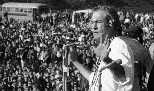Timothy Leary addresses the crowd at the &quot;Human Be-In,&quot; which he helped organize, in San Francisco&#039;s Golden Gate Park on Jan. 14, 1967. Leary told the crowd to &quot;Turn on, Tune in and Drop out.&quot; (AP) 