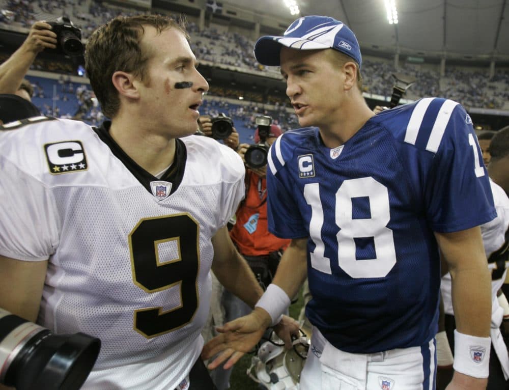 Quarterbacks Peyton Manning, right, and Drew Brees will meet in Miami for Super Bowl XLIV.
