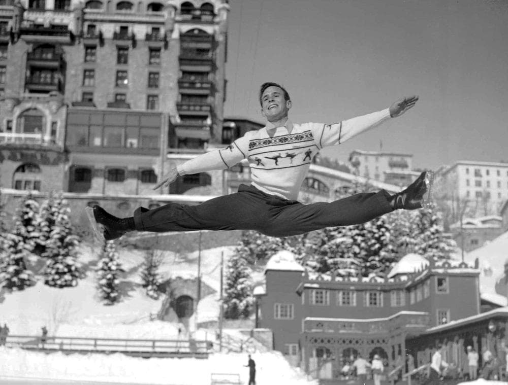 Dick Button skates during a practice session at the 1948 Winter Games in St. Moritz, Switzerland