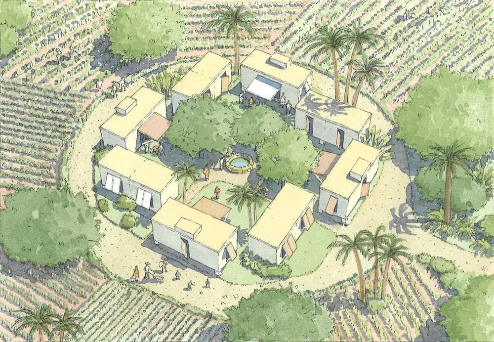A drawing of a rural Haitian village compound to be built with Andres Duany&#039;s &quot;basic&quot; cabin concept (DPZ)