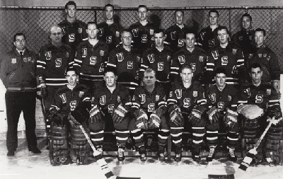 The official photo of the 1960 USA hockey team. The photo had to be doctored to include the faces of latecomers Bill and Bob Cleary and John Mayasich.