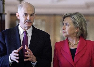 U.S. Secretary of State Hillary Rodham Clinton and Greek Prime Minister George Papandreou take part in a news conference in Washington on Monday. (AP)