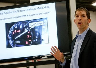 Dr. Matthew Schwall, a Toyota engineer, speaks during a webcast Monday at Toyota Headquarters in Torrance, Calif. Toyota assembled a group of experts to refute claims about ongoing safety problems. (AP)
