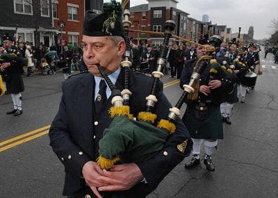 Pat Cosgrove plays bagpipes with the Irish Prison Service Pipe Band, of Dublin, Ireland, during the St. Patrick's Day Parade in South Boston on March 16, 2008. (AP)