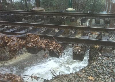 Flooding has caused a sinkhole to develop beneath the Green Line (D) subway between the Chestnut Hill and Newton Centre stations. (MassDOT/Flickr)