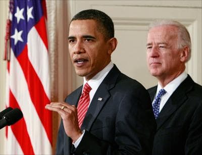 President Barack Obama, joined by Vice President Joe Biden, makes a statement to the nation Sunday night following the final vote on health care reform in the House of Representatives (AP)