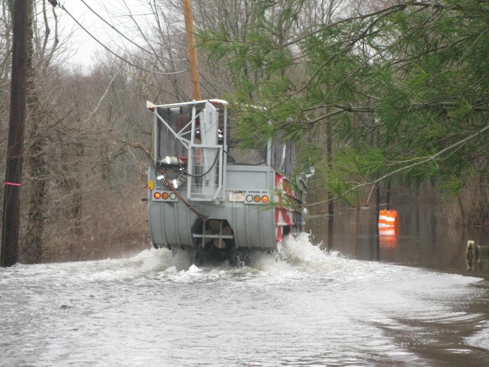 The duck boat was dispatched to Pelham Island Road, in Wayland, on Wednesday. (Fred Thys/WBUR)