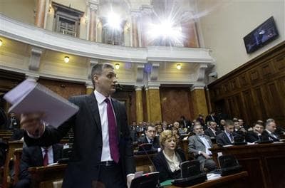 Liberal Democratic Party leader Cedomir Jovanovic speaks during a parliament session in Belgrade, Serbia yesterday (AP)