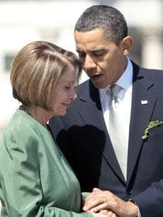 President Barack Obama talks with House Speaker Nancy Pelosi on Capitol Hill, Wednesday, March 17, 2010. (AP)