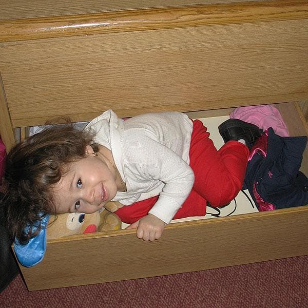While living in a Boston hotel room, Annyeliz Sanchez, 2, created a bed for her stuffed animals &mdash; in a drawer.  (Monica Brady-Myerov/WBUR)
