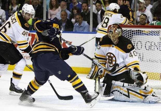 Boston goalie Tuukka Rask stops a shot by Buffalo's Tyler Ennis during the first period of a first-round playoff game in Buffalo, N.Y. on Thursday. (AP)