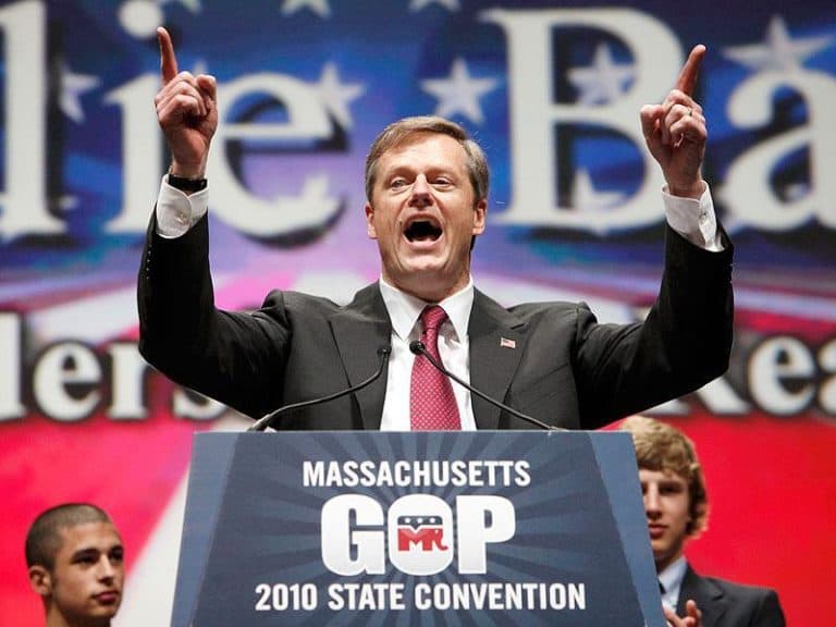 Charles Baker gestures after he was chosen as the Republican candidate for governor at the Massachusetts Republican convention on Saturday in Worcester. (AP)