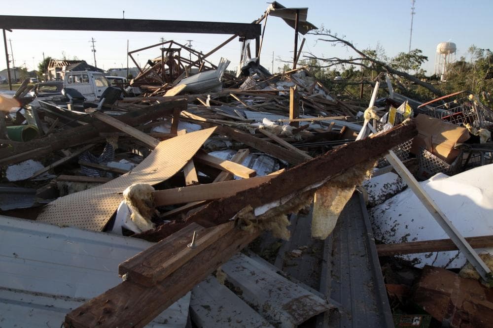 Nothing but debris is left of this Yazoo City, Miss., building Saturday, following a touchdown of a tornado which also damaged several businesses and homes and caused a number of deaths and injuries. (AP Photo/Rogelio V. Solis)