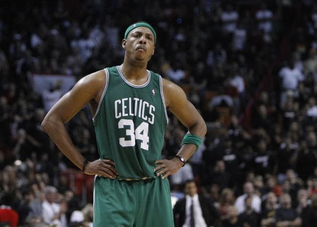 Boston player Paul Pierce reacts during the final minute of Game 4 during the first round of the series in Miami on Sunday. Miami won 101-92. (AP)