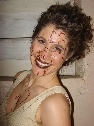 Actress Maria Ciampa between takes, with chocolate syrup standing in for blood (Courtesy)