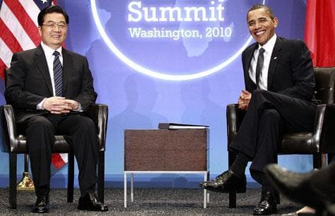 President Barack Obama meets with Chinese President Hu Jintao during the Nuclear Security Summit in Washington, Monday, April 12, 2010. (AP)