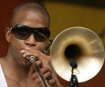 Troy Andrews performs as &quot;Trombone Shorty&quot; at the New Orleans Jazz &amp; Heritage Festival in 2008. (AP)