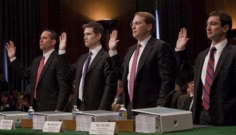 Goldman Sachs employees and ex-employees, from left, Daniel Sparks; Joshua Birnbaum; Michael Swenson; and Fabrice Tourre, are sworn in on Capitol Hill, April 27, 2010, prior to testifying before the Senate Investigations subcommittee. (AP)