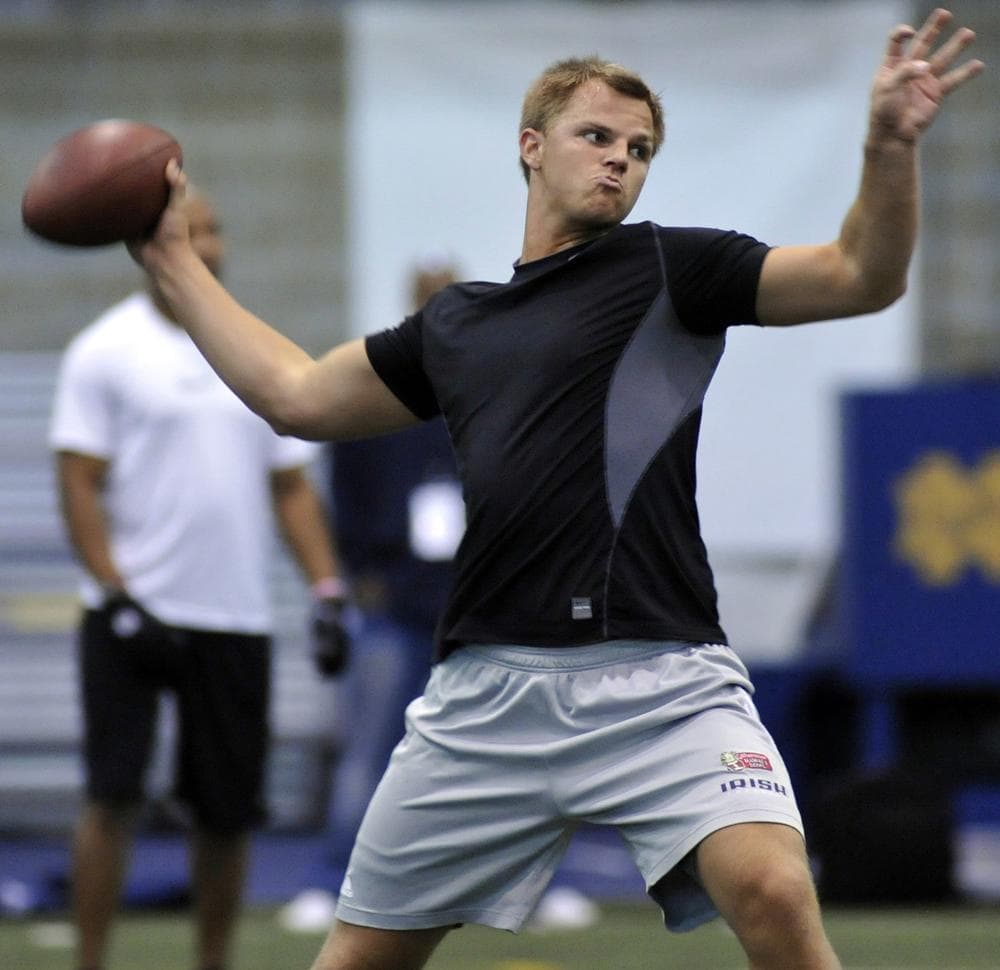 Former Notre Dame quarterback Jimmy Clausen works out during football pro day for NFL representatives on Friday, April 9, 2010 on the campus of the University of Notre Dame in South Bend, Ind. (AP Photo)