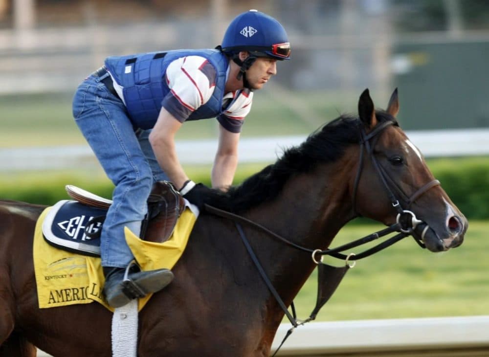 Exercise rider Horacio De Paz takes Devil May Care for a workout in preparation for the 136th Kentucky Derby at Churchill Downs Thursday, April 29, 2010, in Louisville, Ky. (AP Photo)