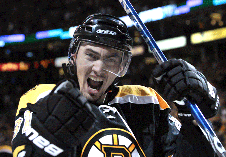 Boston Bruins right wing Miroslav Satan celebrates his goal against the Philadelphia Flyers during the second period in Game 1 of a second-round NHL hockey playoff series in Boston on Saturday. (AP)