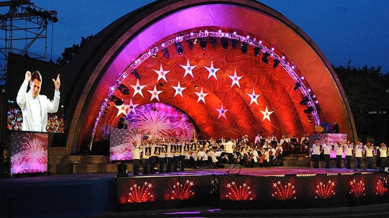 Keith Lockhart, on screen at left, conducts the Boston Pops on the Esplanade on July 3, 2009 in Boston. (AP)
