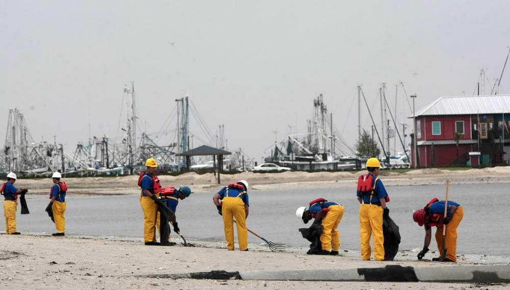 Crews working along the beach look for debris including dead sea life that has washed ashore in Pass Christian, Miss., Monday, May 3, 2010. (AP)