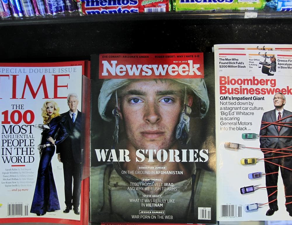 Newsweek magazine is displayed on a shelf at a news stand at South Station in Boston.. (AP)