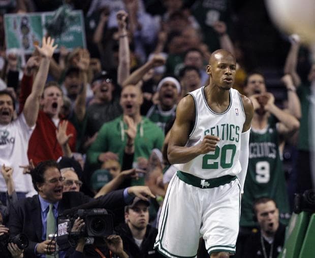 Boston guard Ray Allen celebrates his three-point shot against Cleveland in the first half of Game 6 in a second-round playoff series in Boston on Thursday. The Celtics won 94-85. (AP)